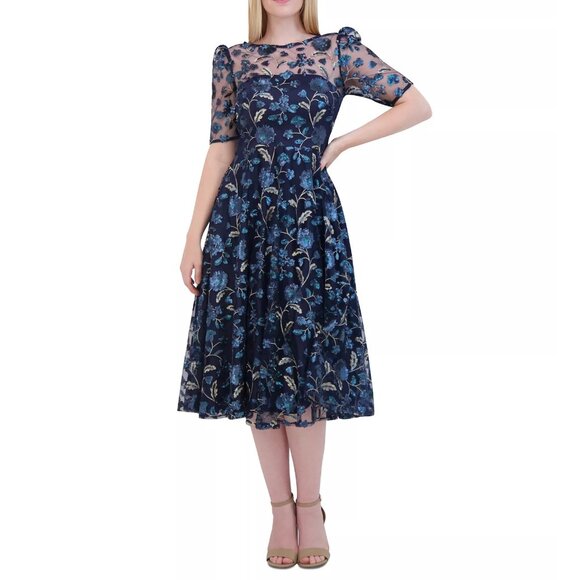New Eliza J Dress 10 Navy Sequin Floral Embroidery Illusion Fit & Flare Midi NWT - Picture 12 of 14